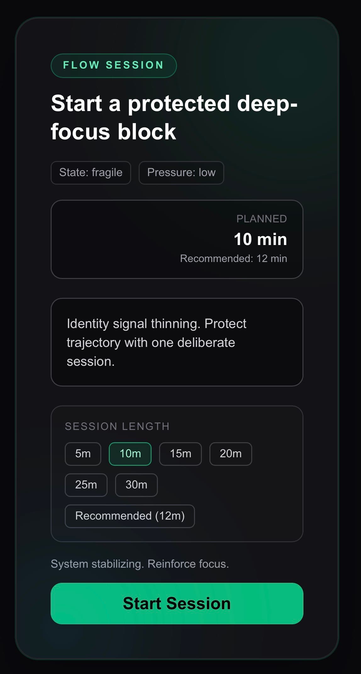 Altaera mobile start session panel